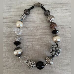 Handmade Black & Silver Beaded Statement Necklace Faux Pearl Crystal